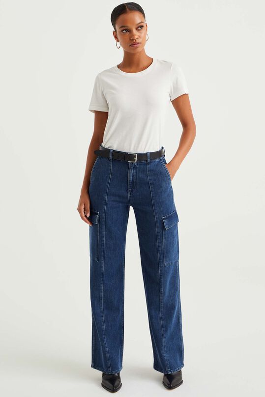 Dames high rise wide leg jeans met cargozakken, Donkerblauw