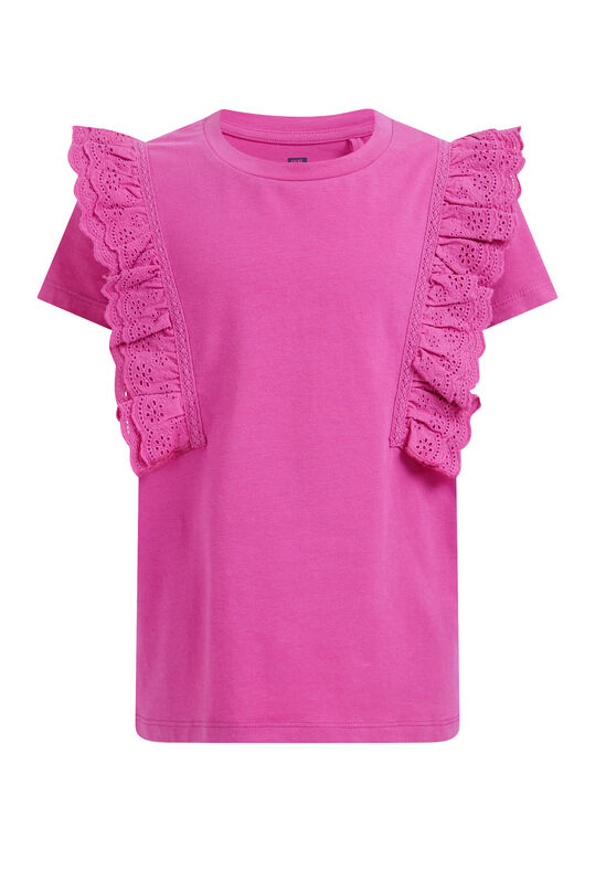 Meisjes T-shirt met broderie anglaise, Donkerpaars