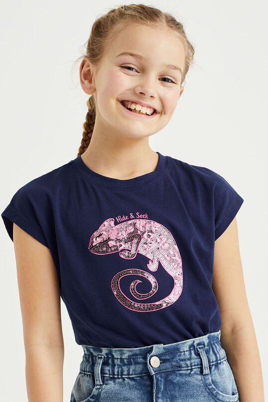 Meisjes T-shirt met pailletten-applicatie, Donkerblauw