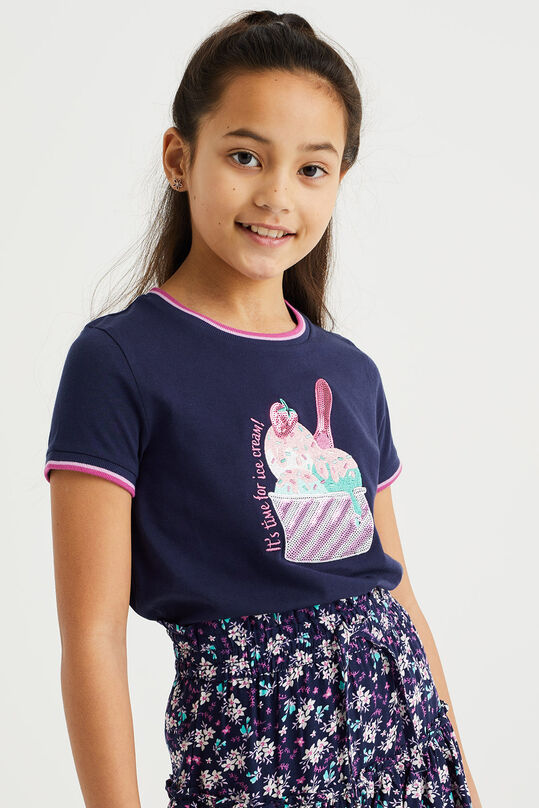 Meisjes T-shirt met pailletten-applicatie, Donkerblauw