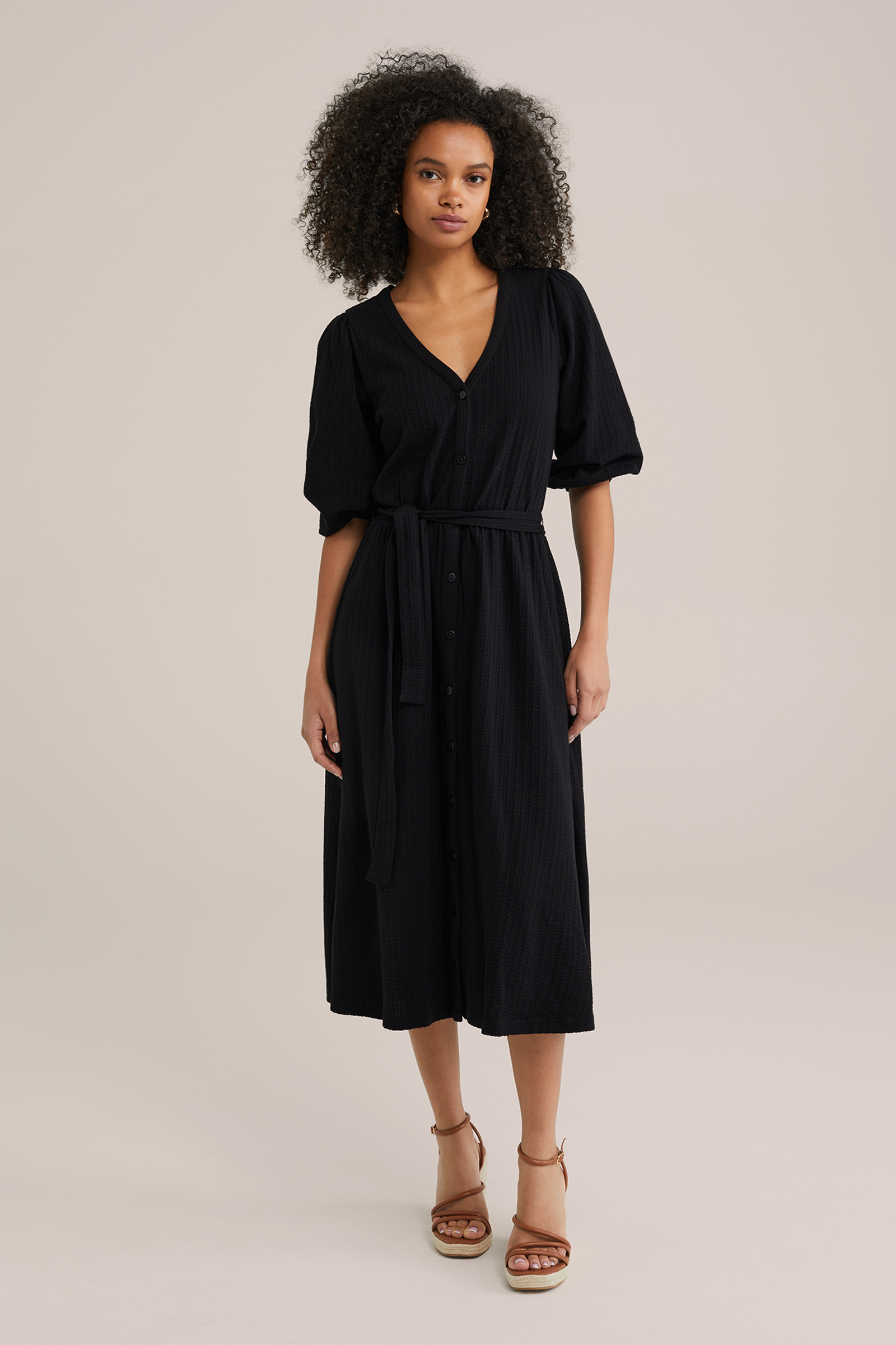 Essentials Dames jersey V-hals korte mouw midi-lengte jurk, zwart, X-Small