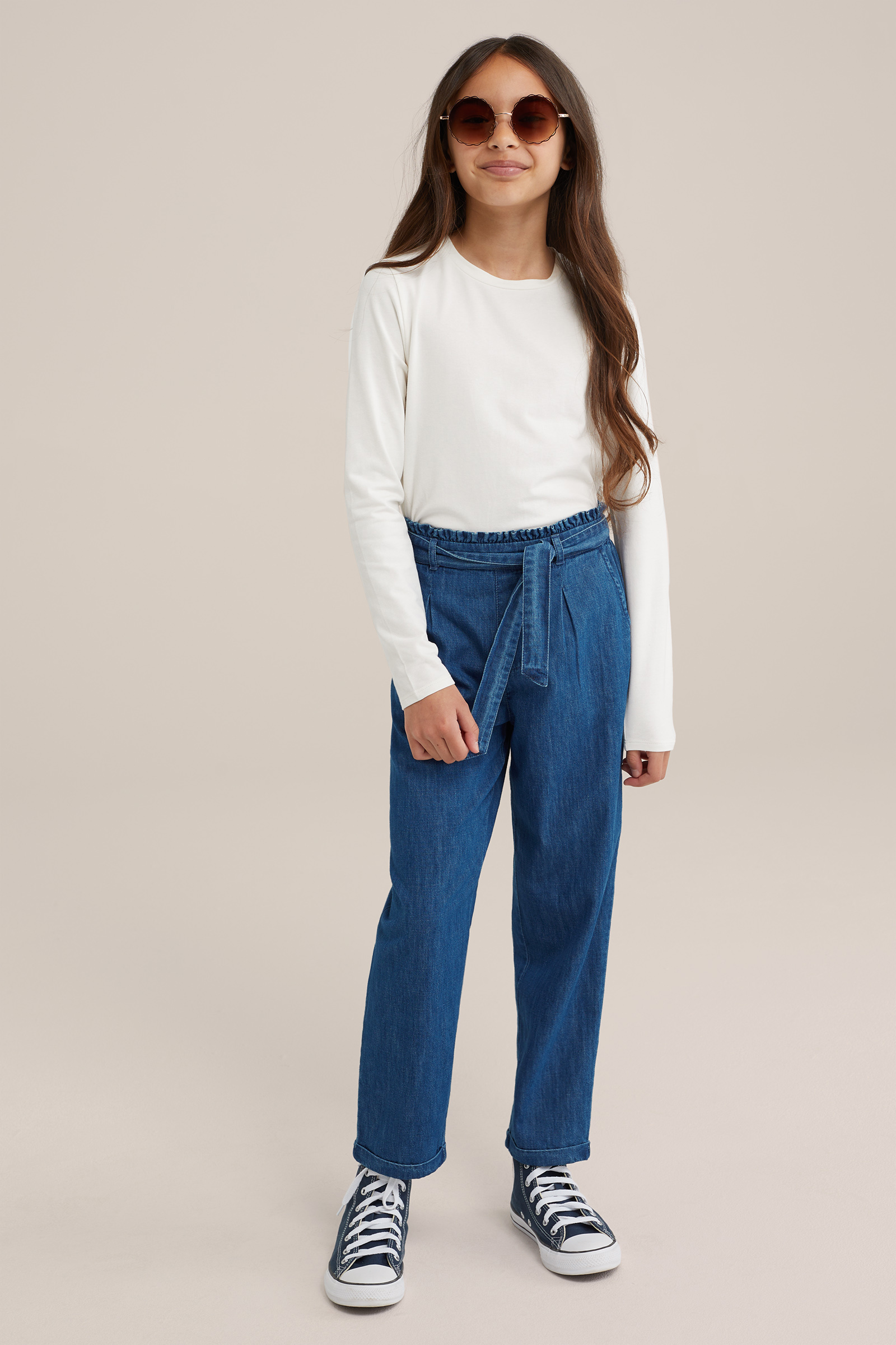 Girls Smokey Blue Wash Cropped Paperbag Pants main image 0