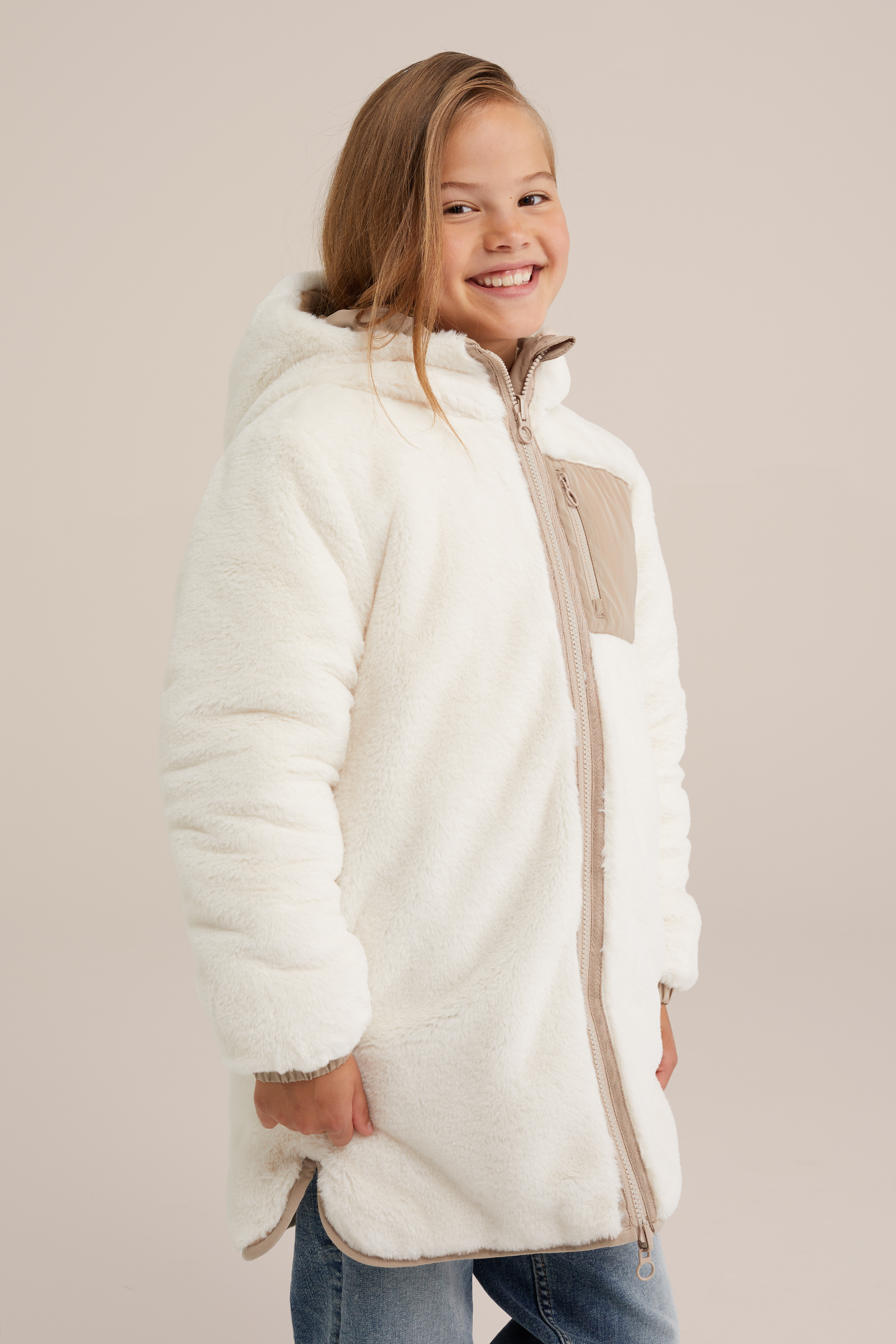 Meisjesmantel, winterjas, imitatiebont, warme jas met capuchon