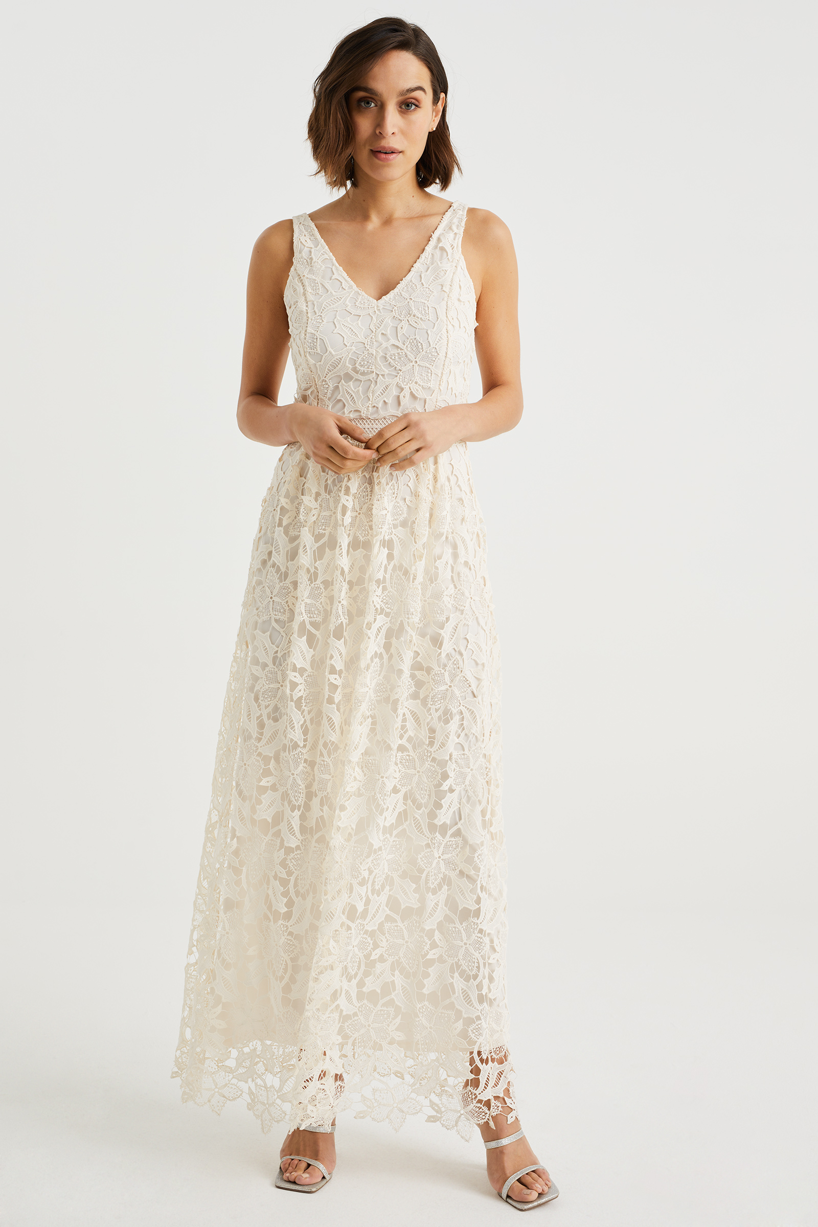 Vrouwen Vintage Crème Kant Maxi Jurk Romantische Lange Mouwen Kant Bodycon Jurk, Crème-zwart, S